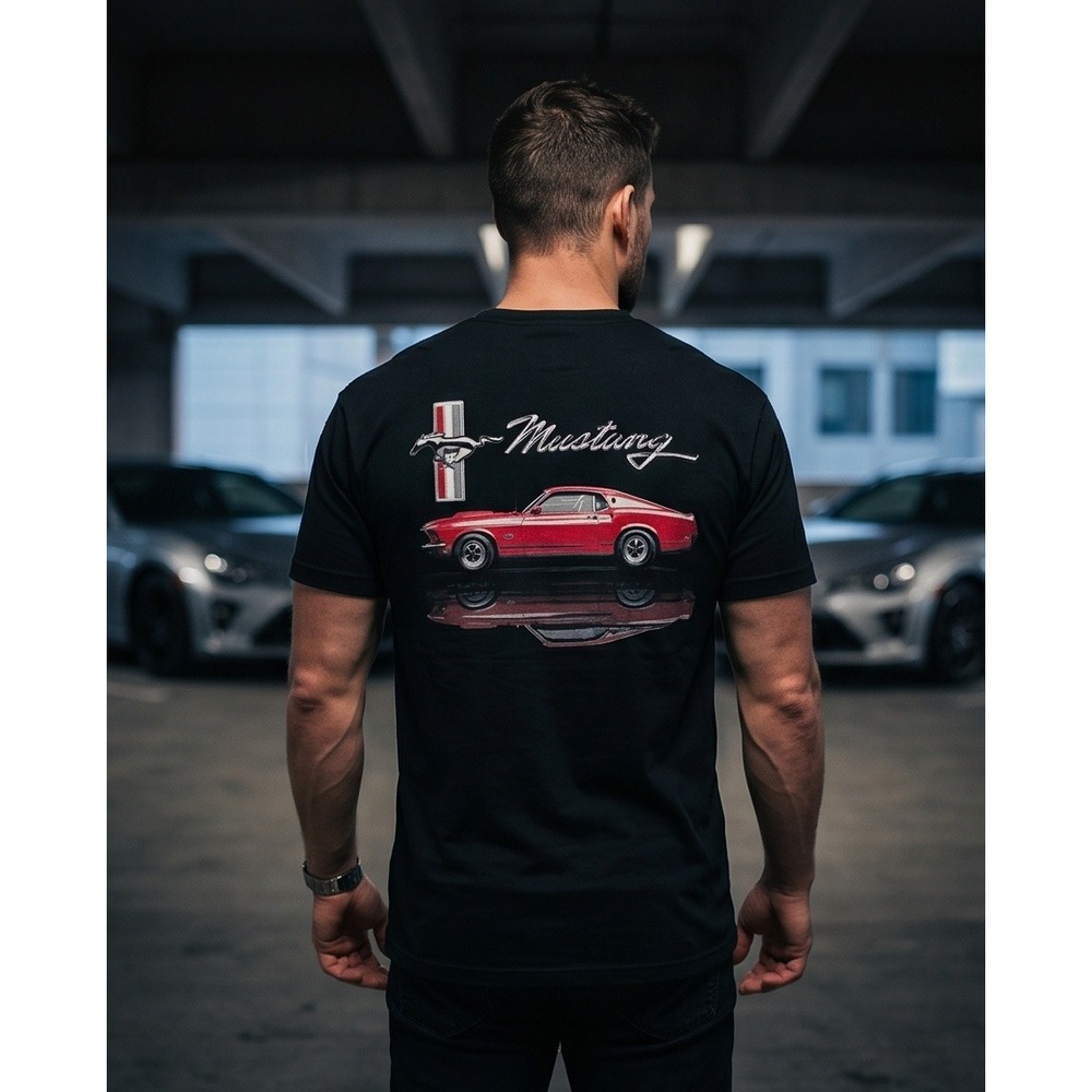 Ford Mustang Mens L Black Graphic T-Shirt Red Mustang Muscle Car NWT *Defect*